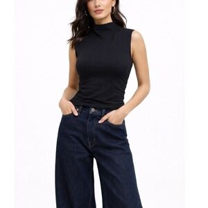 NEW RUMORED Minimalist Tank Top Size XL Black Sleeveless Mock Neck Ruched Cotton